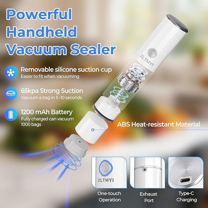 Handheld Vacuum Sealer for Food, Compact Portable Food Saver Pump with 20 BPA‑Free Reusable Vacuum Bags Type-C Rechargeable, Ideal for Sous Vide, Meal Prep, Leftovers & Freezer Storage