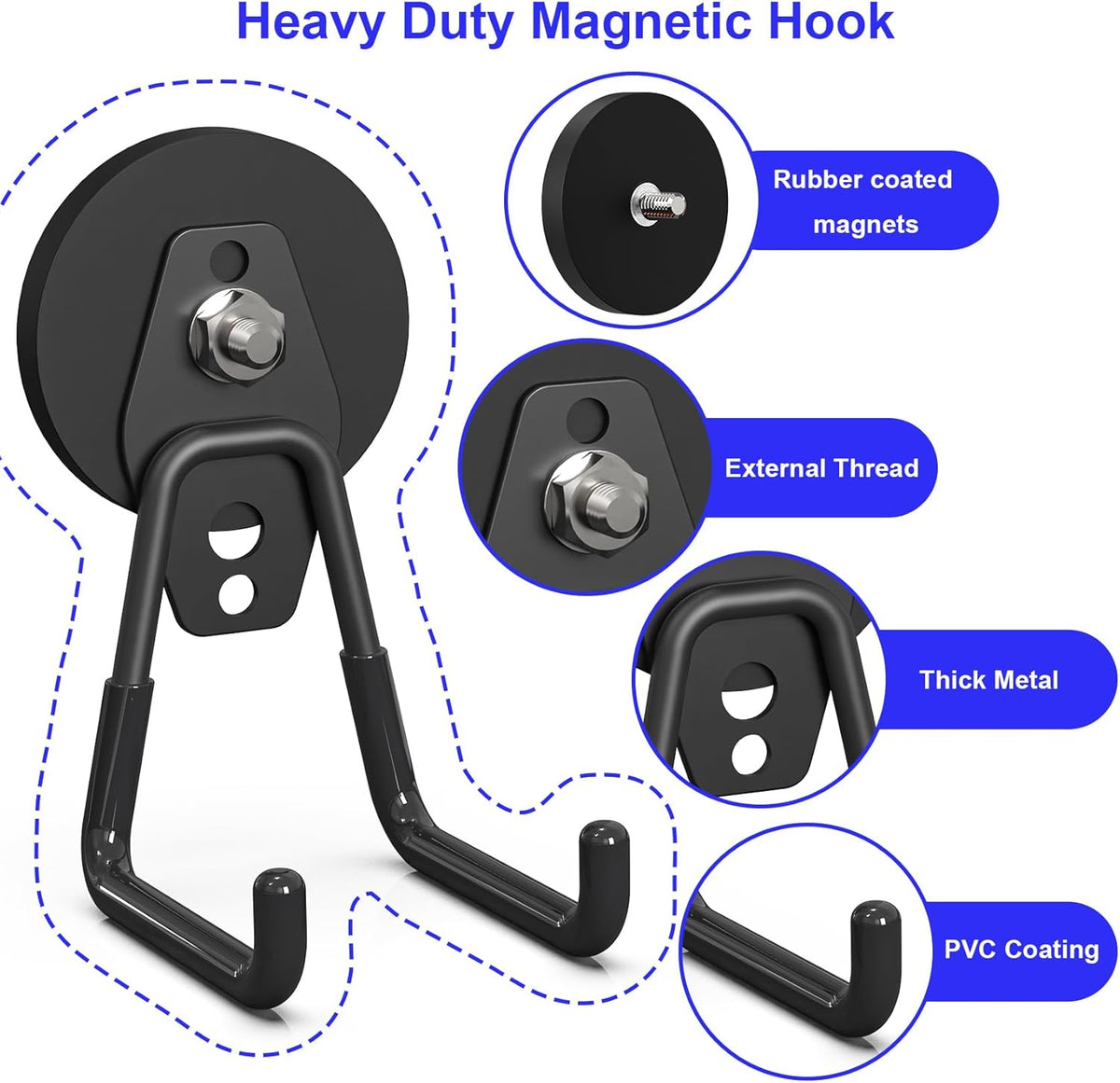 Heavy Duty Storage Magnetic Utility Hooks Large Garage Magnet Hooks with Anti-Slip Coating for Metal Cabinet,Pegboard,Garage Shelve,Garden Tools (3PCS 2.59'' Black)