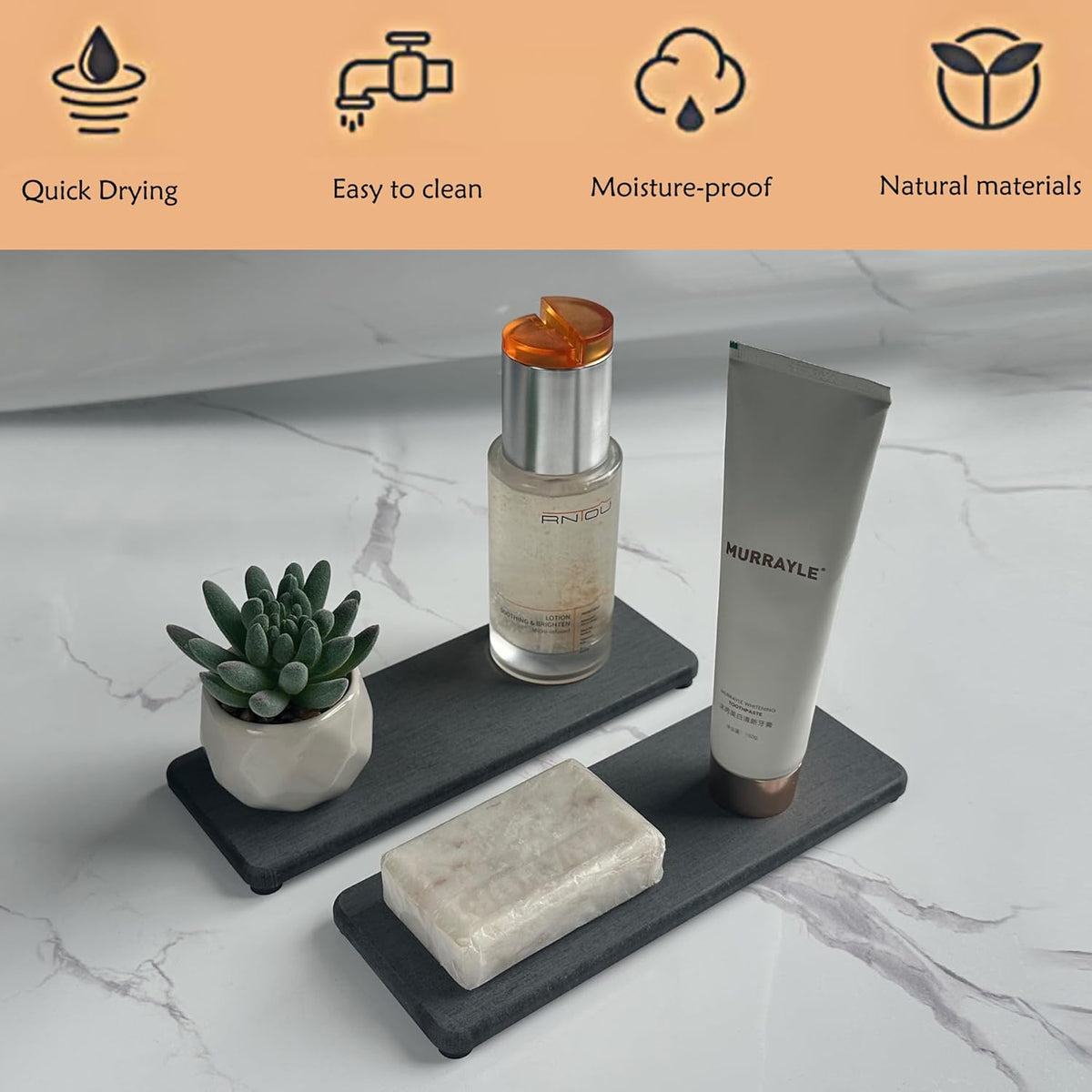 2 Pcs Water Absorbing Stone Trays, Kitchen/Bathroom Sink Soap Dish, Diatomite Tray Used for Hand Soap & Cosmetic Bottles in The Modern Home, 3.15" W x 8.7" L, Dark Gray