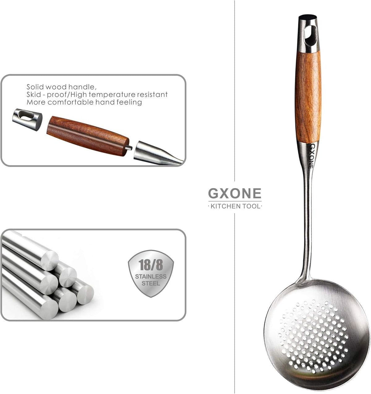 Slotted Spoon,304 Stainless Steel Skimmer Spoon with Heat Resistant Wooden Handle,Silver/15.8Inch