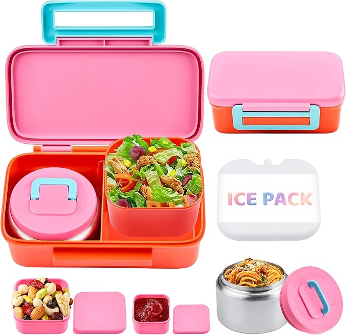 Lunch Box for Kids With 8oz Soup Thermo, Leak-proof Lunch Container with 2 Compartments, Thermo Food Jar Food Containers for Back to School Girls Boys (Pink)