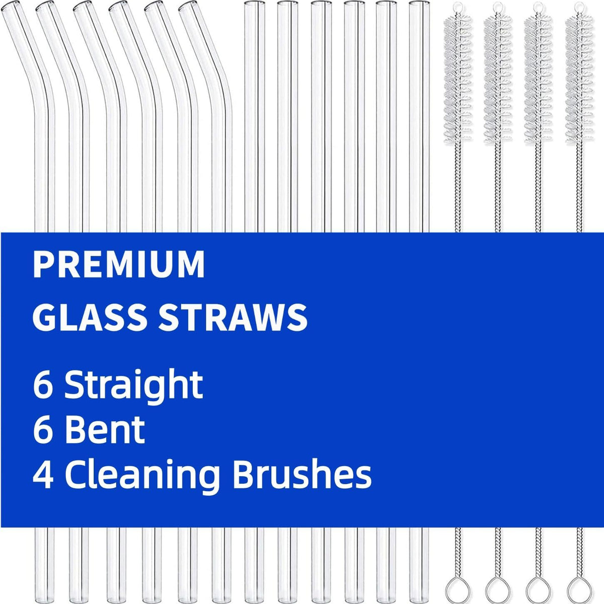 16 Pack Reusable Glass Straws,SIZE(8.5''x10 MM)，Set of 6 Straight and 6 Bent with 4 Cleaning Brush,Perfect for Smoothies,Tea, Juice