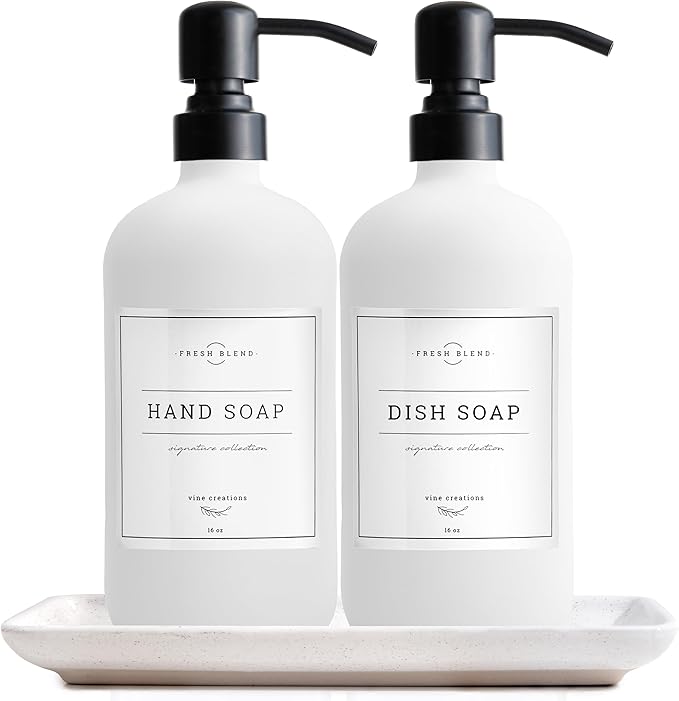 Vine Creations Glass Soap Dispenser, 2 Pack Kitchen Soap Dispenser Set with Ceramic Tray, Stainless Steel Pump, Dish Soap and Hand Soap Dispensers for Bathroom or Kitchen Decor with Waterproof Labels