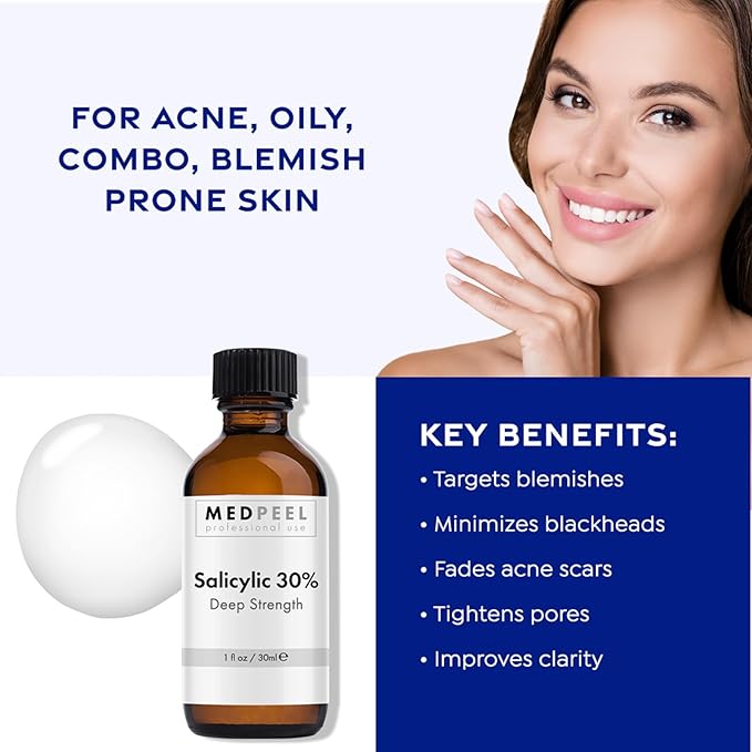 MedPeel Salicylic Acid 30% Essential Peel Kit, Includes Peel, Prep, Neutralizer, Deep Strength Professional Grade Chemical Face Peel for all Skin Tones, 1oz/30ml (Kit of 3)