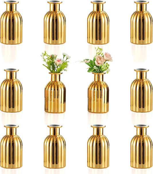 NUPTIO Bud Vases Small Gold: 12 Pcs Glass Vase Set in Bulk for Flowers - Mini Vintage Flower Bottle Single Assorted Vases for Wedding Table Centerpieces