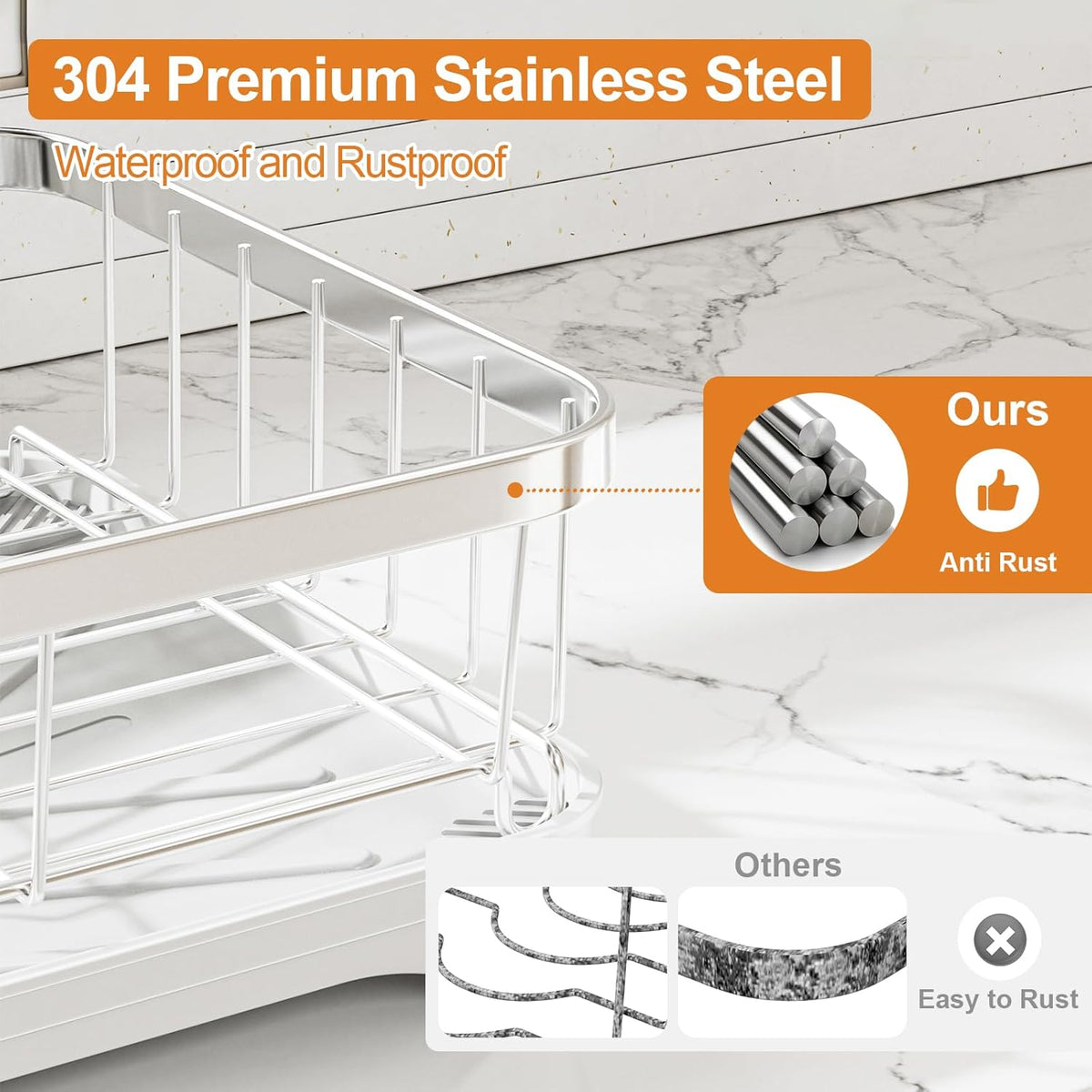 Stainless Steel Dish Drying Rack – 304 Grade Dish Racks for Kitchen Counter with Utensil Holder & Adjustable Spout, Space-Saving Organizer, 16.5" x 11.8" x 5.3" White
