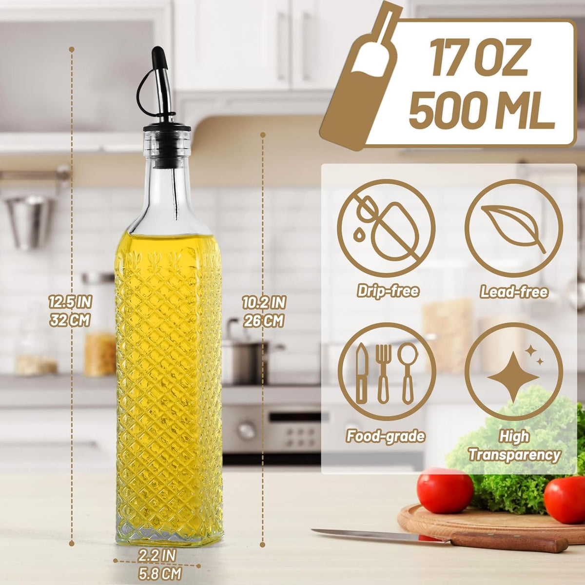 3-Pack Glass Oil Dispensers 500ML/17OZ, Oil and Vinegar Bottles Set with Stainless Steel Pourers, Brush, Funnel, Seal Caps (Square)