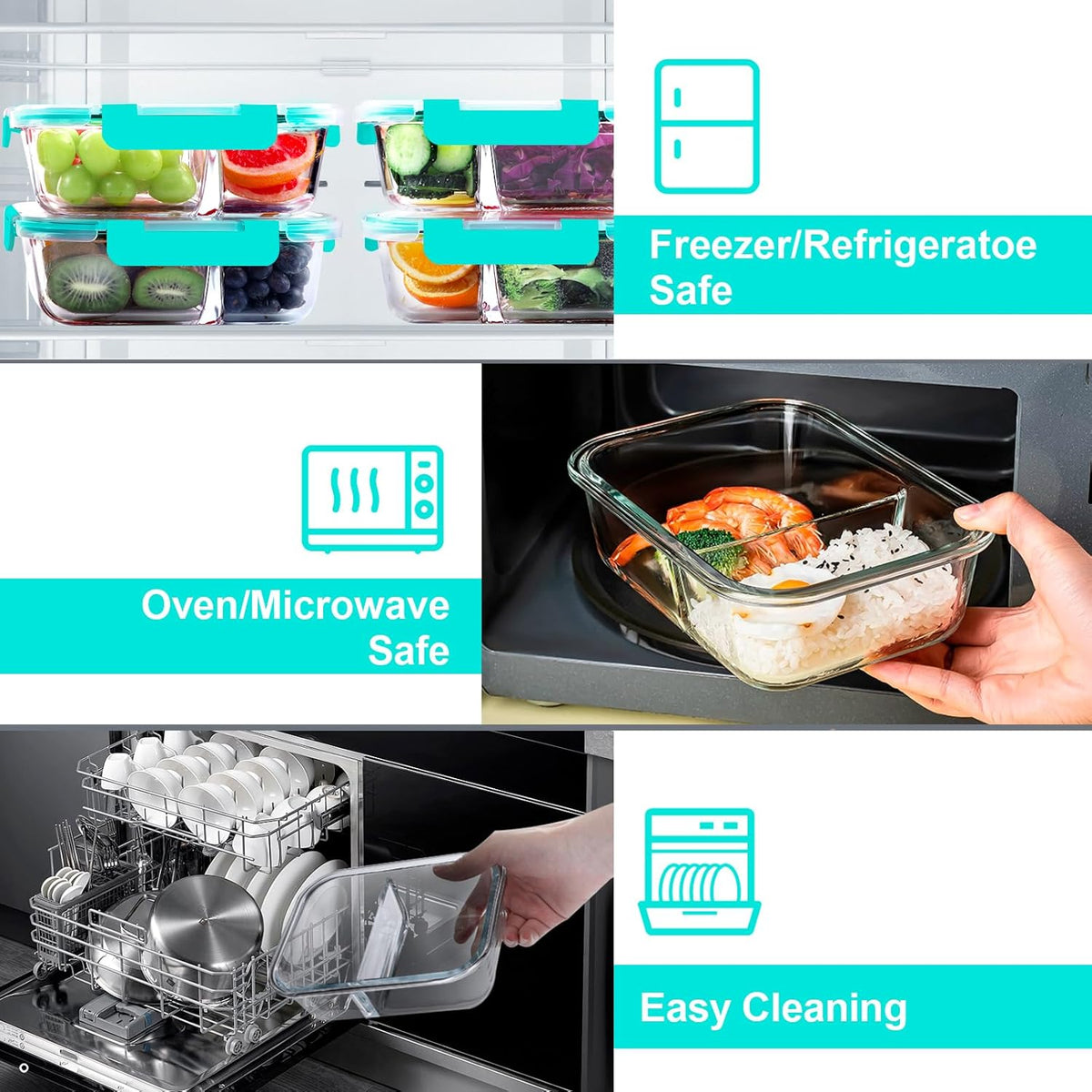 VERONES 5 Pack Glass Meal Prep Containers 2 Compartment Set, 36OZ Airtight Glass Lunch Containers, Glass Food Storage Containers with Lids, for Microwave, Oven, Freezer & Dishwasher Friendly,Green