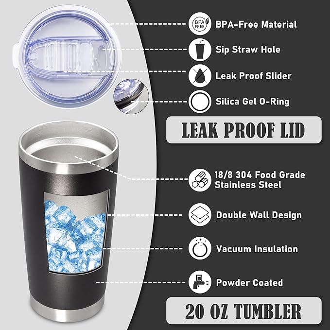 20 oz Tumbler Coffee Travel Tumblers Bulk with Lid Stainless Steel Double Wall Vacuum Insulated Mug Powder Coated Cups fit Car Cupholder for Hot and Cold - Black, 12Pack