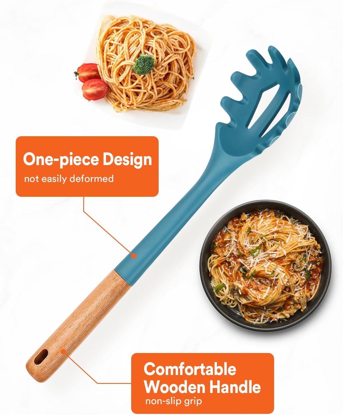 Silicone Pasta Fork, Kitchen Heat Resistant Noodle Spoon Server, BPA Free Spaghetti Strainer,12.8 inch (BLUE)