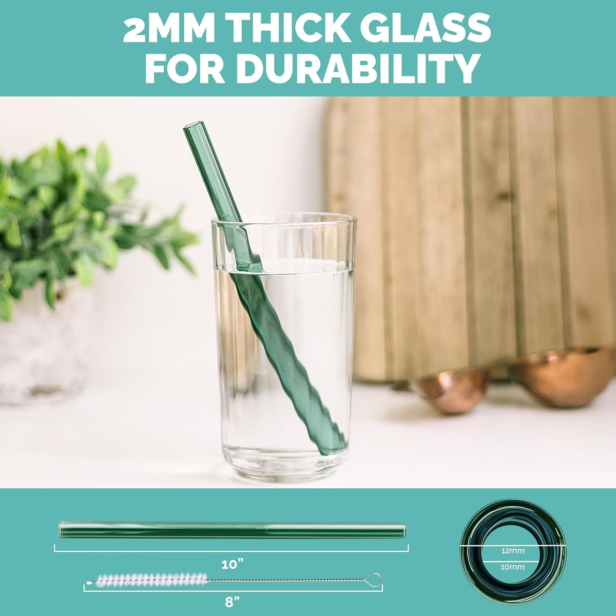 Simply Straws Wide Glass Straws (6-Pack) - 10in x 12mm Reusable Glass Smoothie Straws for Milkshakes, Juices & Slushies, with Cleaning Brush - Dishwasher Safe, Hot & Cold Use, BPA-Free (Air)