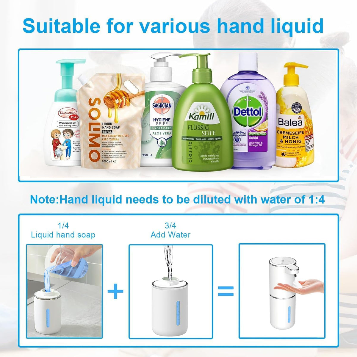 Automatic Foaming Soap Dispenser - Hand Free Pump Touchless Soap Dispenser Electric Dispenser with 380ml, USB Rechargeable 4levels Adjustable Dispenser for Bathroom Kitchen