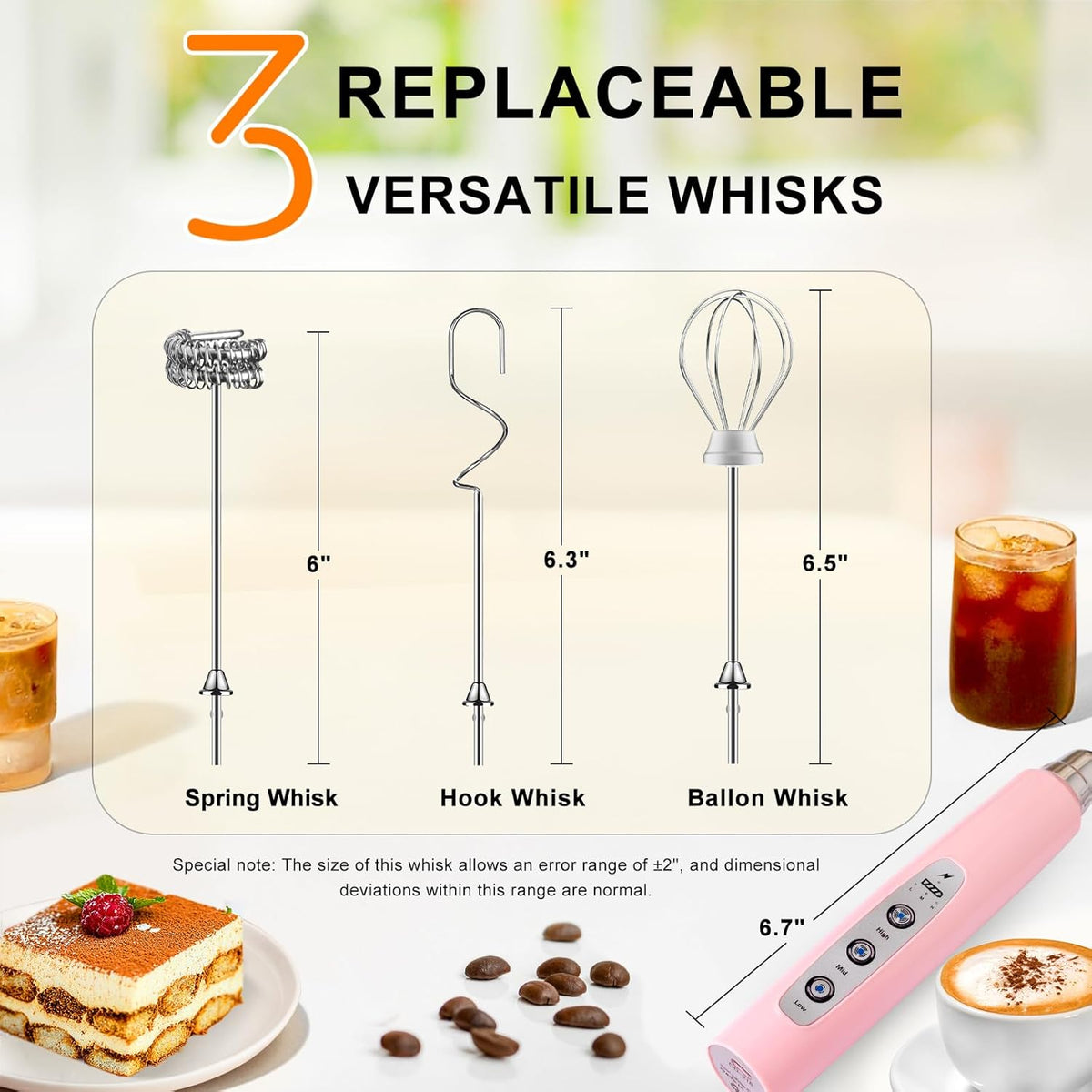 YUSWKO Pink Milk Frother Handheld with 3 Heads, Coffee Whisk Drink Foam Mixer with USB Rechargeable 3 Speeds, Electric Hand Frother for Latte, Cappuccino, Hot Chocolate, Egg