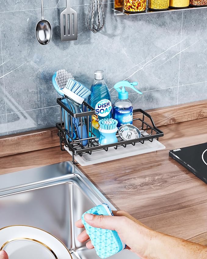 Consumest Sink Caddy, Kitchen Sponge Holder with Dish Brush Holder, Kitchen Sink Organizer with Drip Tray for Countertop Stainless Steel Rustproof, Black-Large