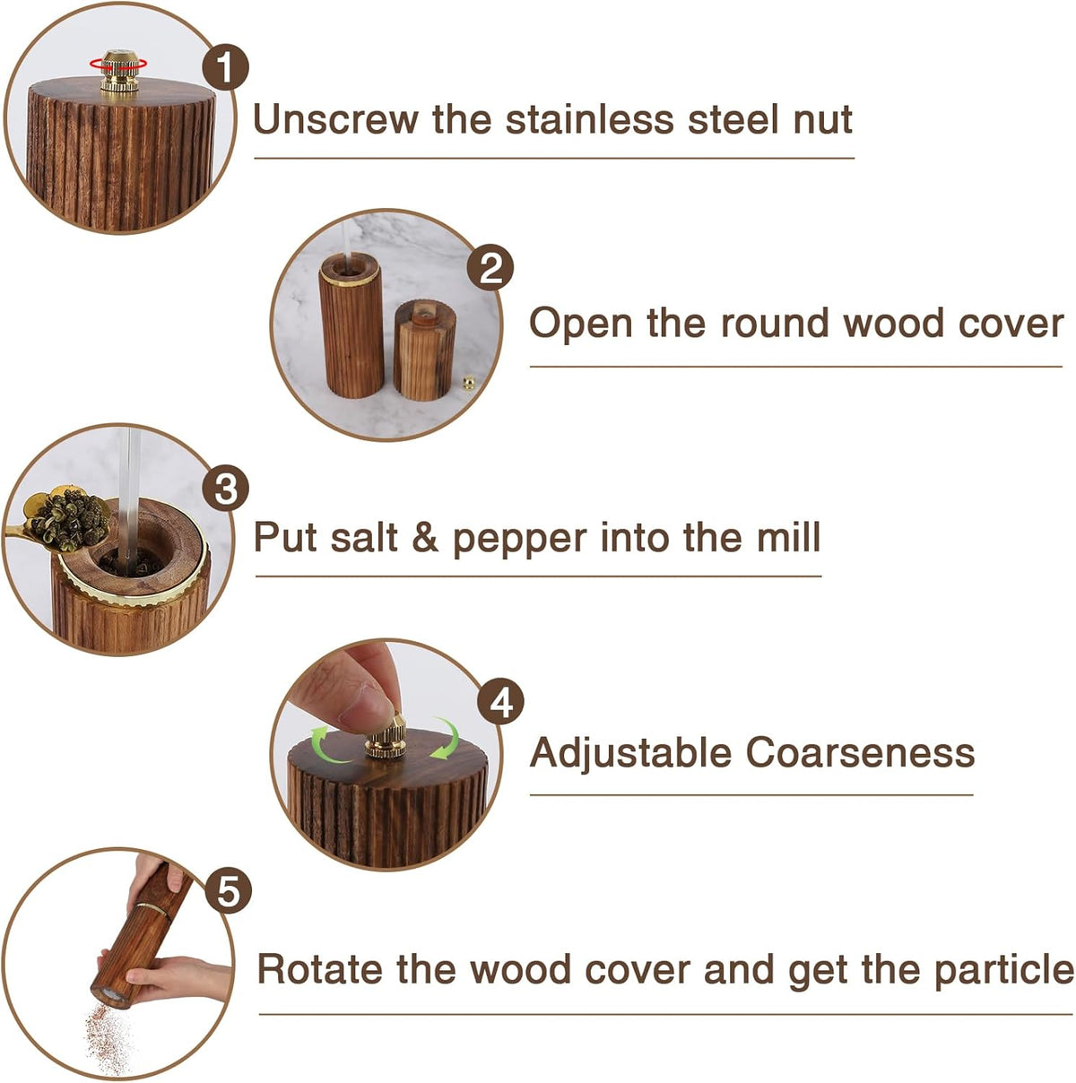 Wooden Salt and Pepper Grinder Set, Refillable Salt and Pepper grinder with adjustable Coarseness, Acacia Wood pepper mill manual, Salt and Pepper Shakers Matching Wooden tray-Ideal for Gifting
