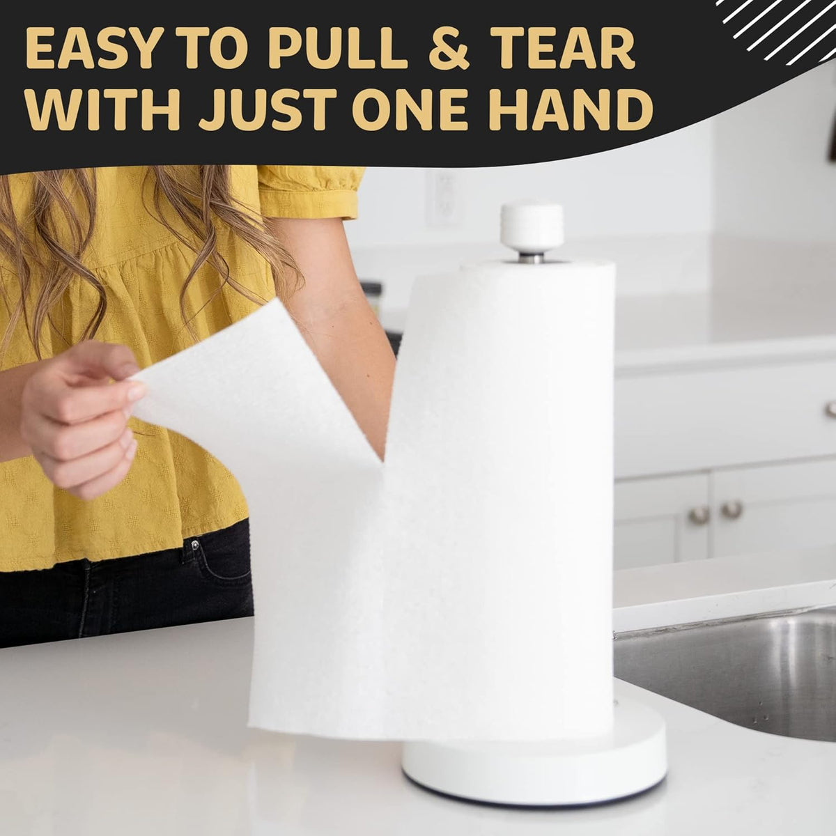 Stainless Steel White Paper Towel Holder Designed for Easy One-Handed Operation - This Sturdy Weighted Paper Towel Dispenser Countertop Model Has Suction Cups and Holds All Paper Towel Rolls