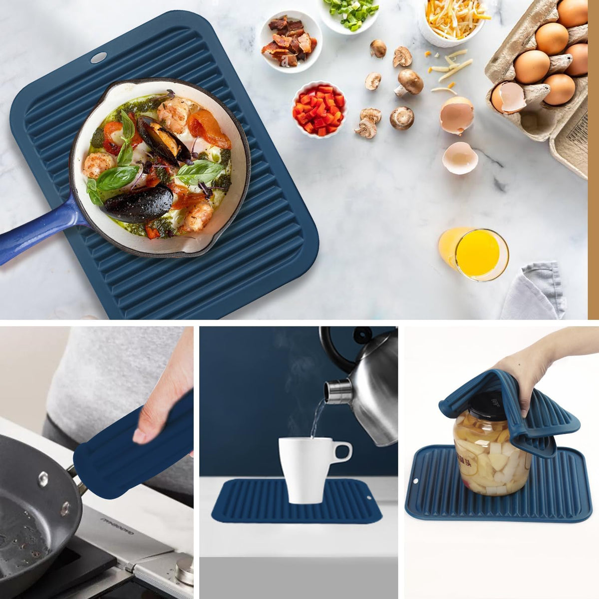 Silicone Mats for Kitchen Counter, 9x12'' Trivets for Hot Pots and Pans, Navy Blue Silicone Trivets for Hot Dishes, Protect Table Quartz Countertops, Indigo