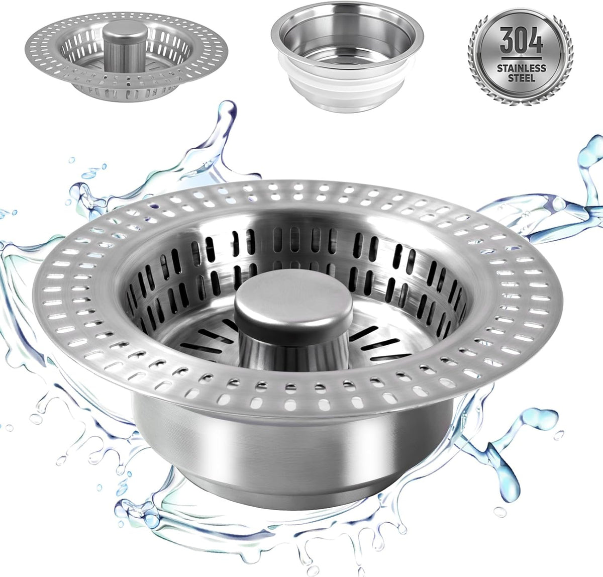 3 in 1 Kitchen Sink Drain Strainer Stopper, Stainless Steel Pop Up Sink Stopper with Anti-Clogging Basket Strainer Width 3.07" Height 1.77 for Deep Sink (Silver)