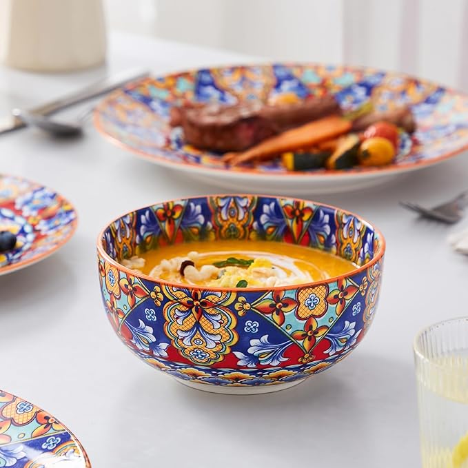 vancasso 12 Pieces Dinnerware Sets, Orange Plates and Bowls Set, Porcelain Dishes Set for 4, Microwave and Dishwasher Safe, Scratch Resistant, Bohemian Style Dining Ware Service for 4, Series SIMI
