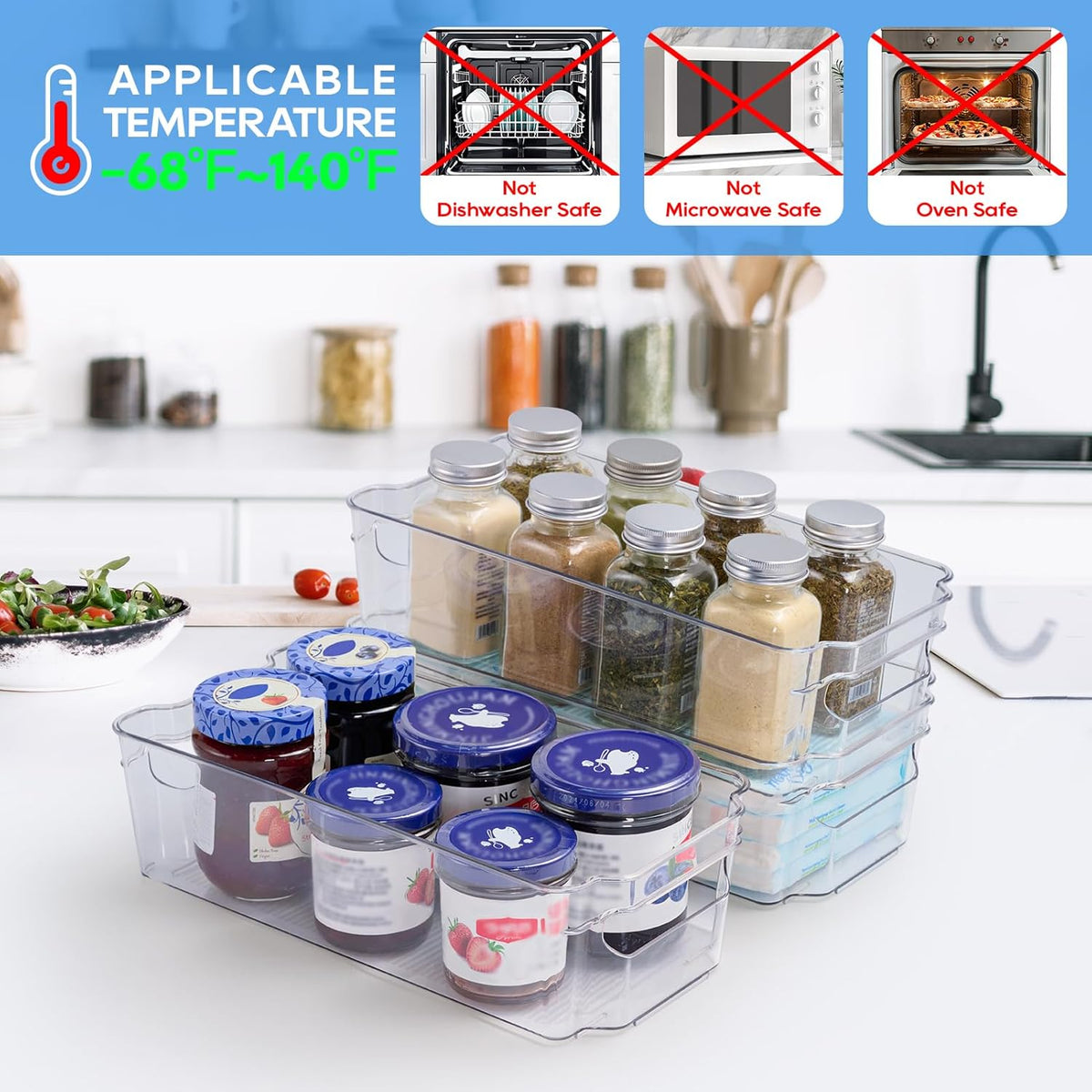 JollyPack 8 Pack Clear Plastic Storage Bins, Pantry Organizers and Storage with Handles, Clear Storage Containers for Fridge, Kitchen, Cabinet, Bathroom and Office