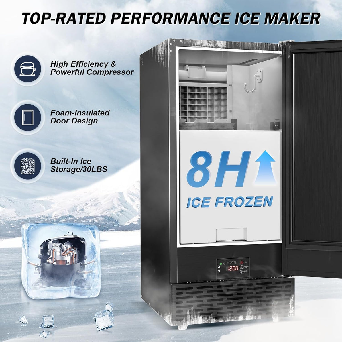 15" Wide Commercial Under Counter Ice Maker – 120 lbs/Day, 25 lb Storage Bin, Auto-Cleaning & 24H Timer, Gravity Drain, Built-in or Freestanding Stainless Steel Ice Machine for Home & Business