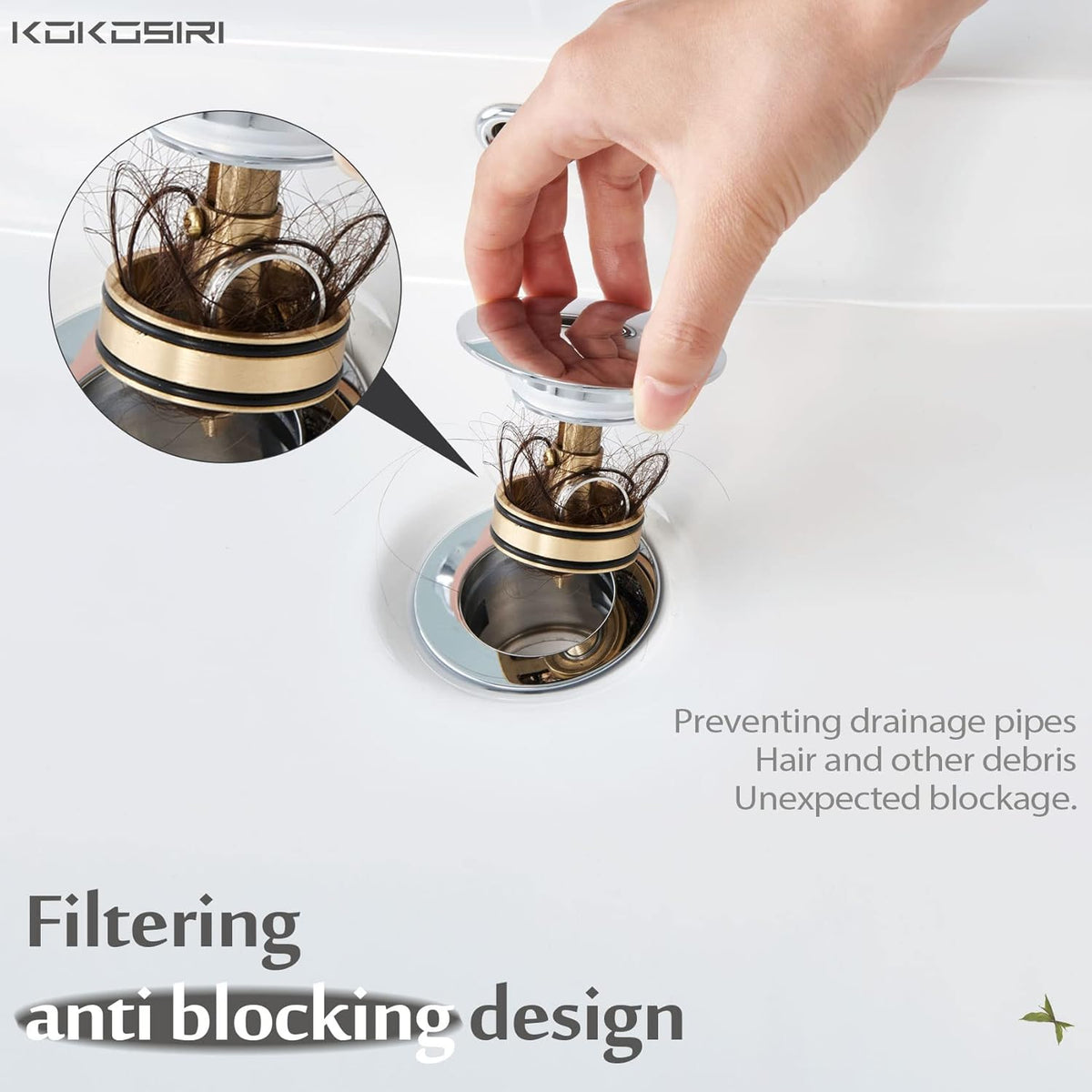 KOKOSIRI Bathroom Sink Drain with Detachable Hair Catcher, Polished Chrome Pop Up Sink Drain with Strainer Basket Anti Clogging for Vanity Vessel Sink with Overflow, C1001CH