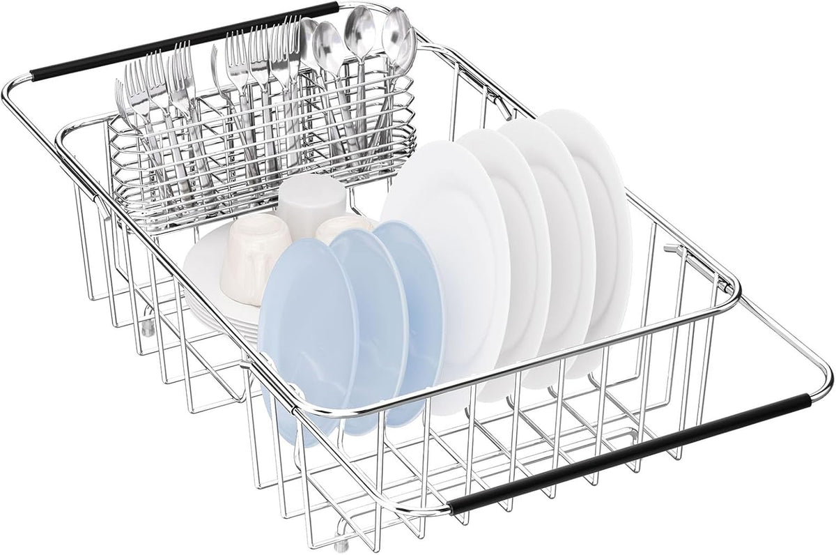 Large Dish Drying Rack in Sink Expandable, Adjustable 304 Stainless Steel Metal Dish Drainer Rack Organizer with Stainless Steel Utensil Holder Over Inside Sink Counter, Rustproof