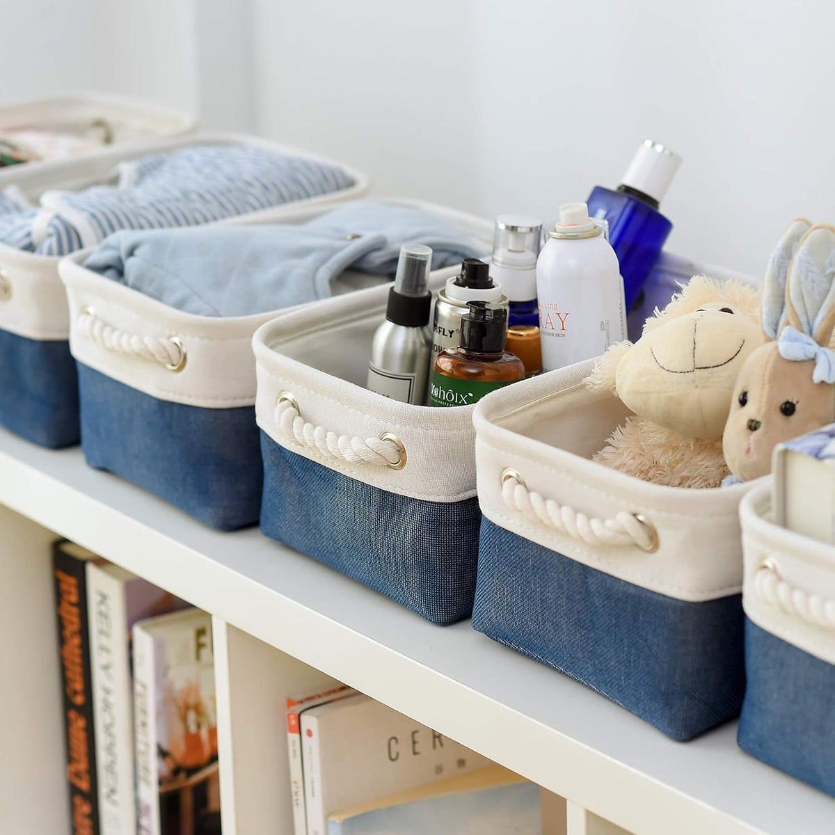 Storage Basket for Organizing - 12x8x5.2 inch Small 6 Pack Fabric Storage Bin Collapsible Baskets for Shelves with Rope, Storage Box for Cloth Decorative Laundry Canvas(White & Blue)
