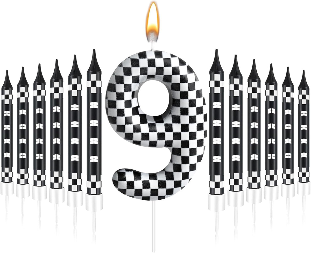 13 Pcs Racing Cars Themed Birthday Candles Black and White Race Number 9 Checkered Candle Cake Topper for Racing Car Party Decoration Supplies (Number 9)