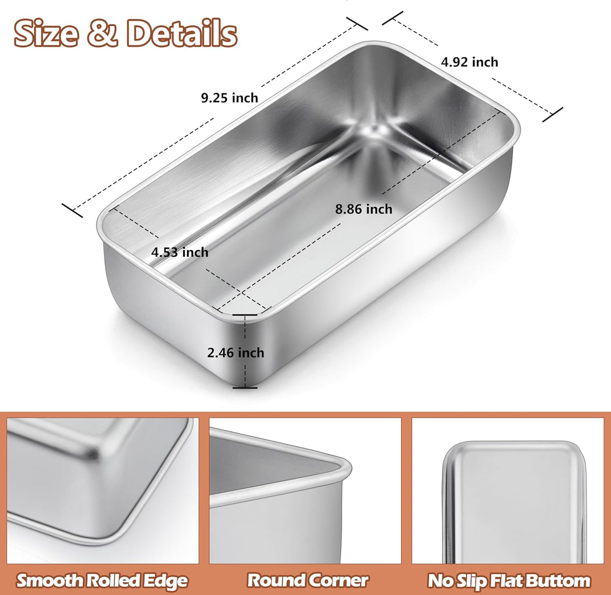LIANYU Stainless Steel Loaf Pan 9” x 5”, Heavy Duty Bread Pan for Baking, Metal Bakeware for Meatloaf, Brownies, Lasagnas, Healthy & Non Toxic, Dishwasher & Oven Safe