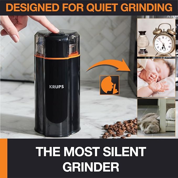 KRUPS Silent Vortex Electric Coffee Grinder: 3 oz Capacity, 5x Quieter, 175W Motor for Coffee Beans, Spices & Herbs - Removable Dishwasher-Safe Bowl, 12-Cup Yield, Black