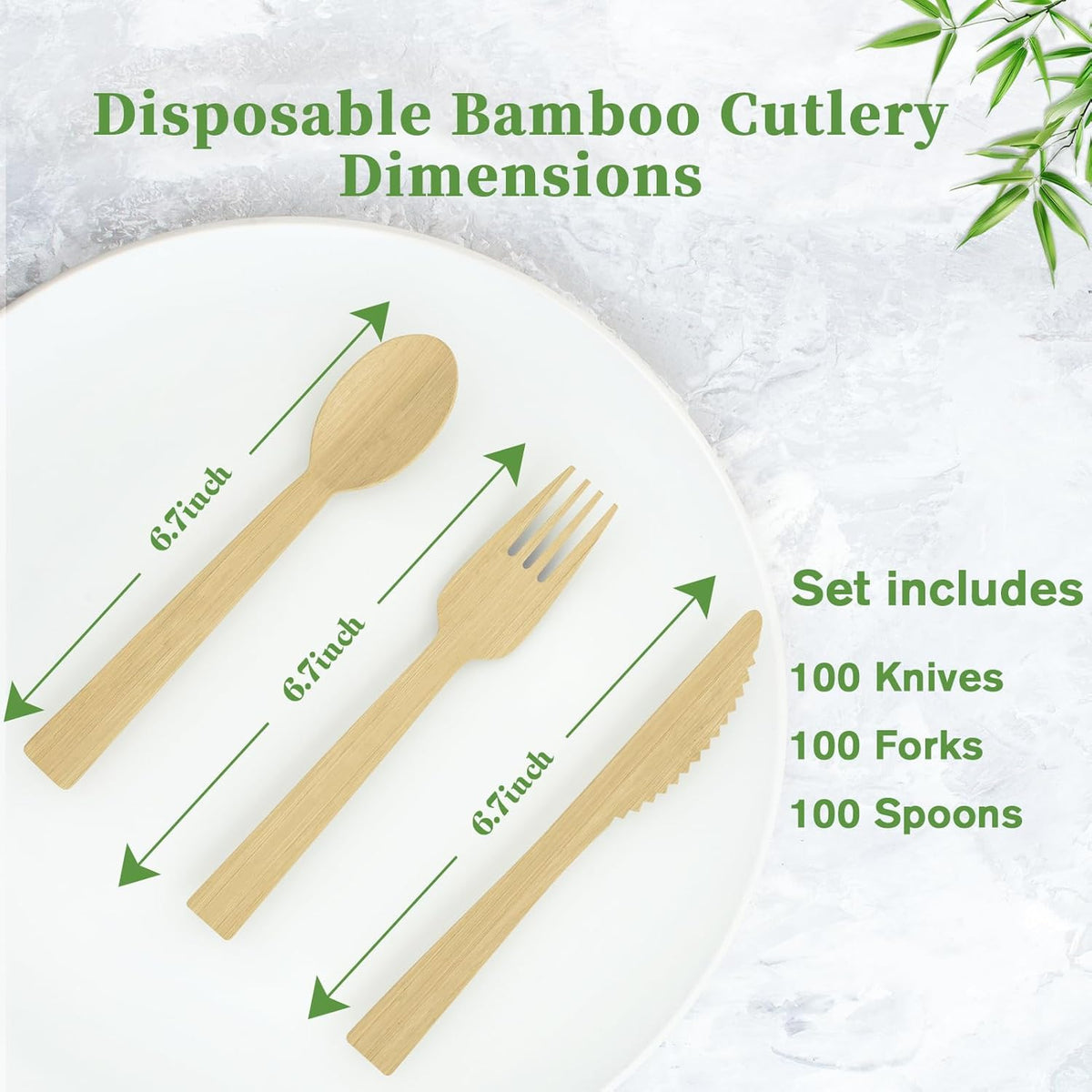 ECOLipak 300 Count Bamboo Cutlery Set, 100 Knives, Forks and Spoons each, No Splinters Disposable Cutlery Set Compostable Utensils for Party, Camping, Traveling, Family Dinners