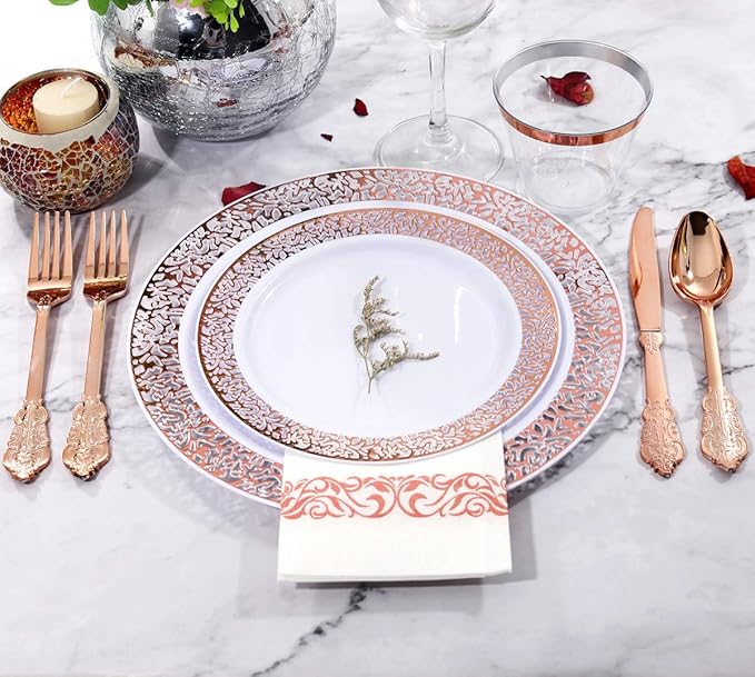 bUCLA 350PCS Rose Gold Plastic Plates With Disposable Silverware & Napkins - Rose Gold Rim Plastic Dinnerware Set Lace Design for Wedding, Party & Mother’s Day