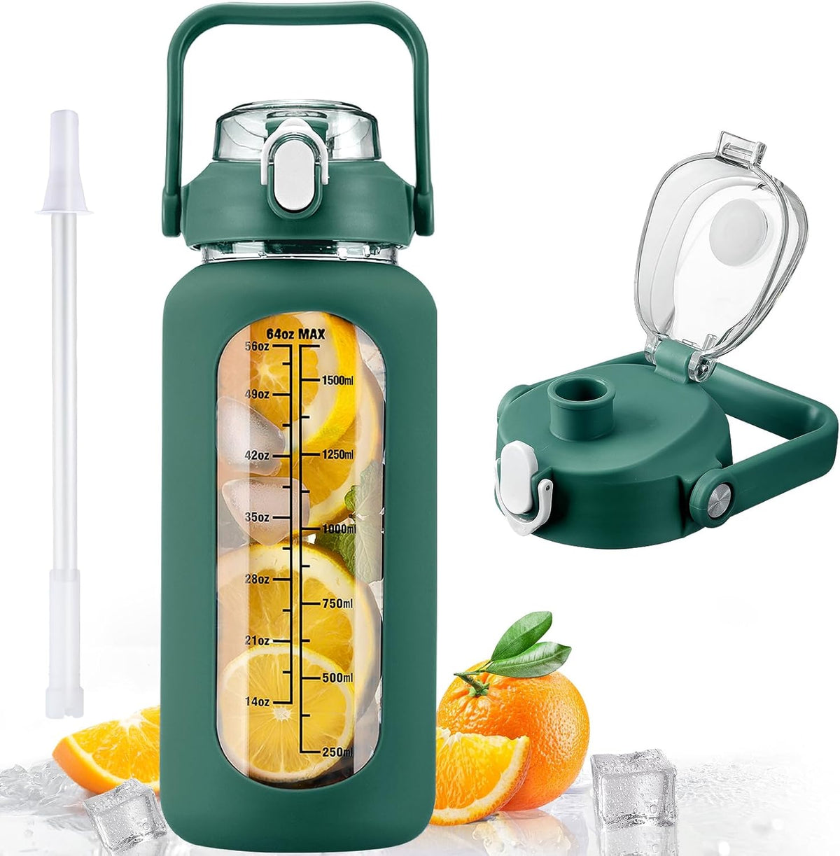 kytffu 64oz Glass Water Bottles with Straw, Half Gallon Motivational Glass Bottle with Silicone Sleeve and Time Marker, 2L Leakproof Large Glass Water Jug for Gym Home Office, Ink Green