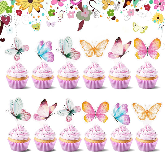 12PCS Butterfly Cupcake Toppers Birthday Decorations Premium Colorful Cake Decoration for Girls Birthday Party Theme Baby Shower Supplies
