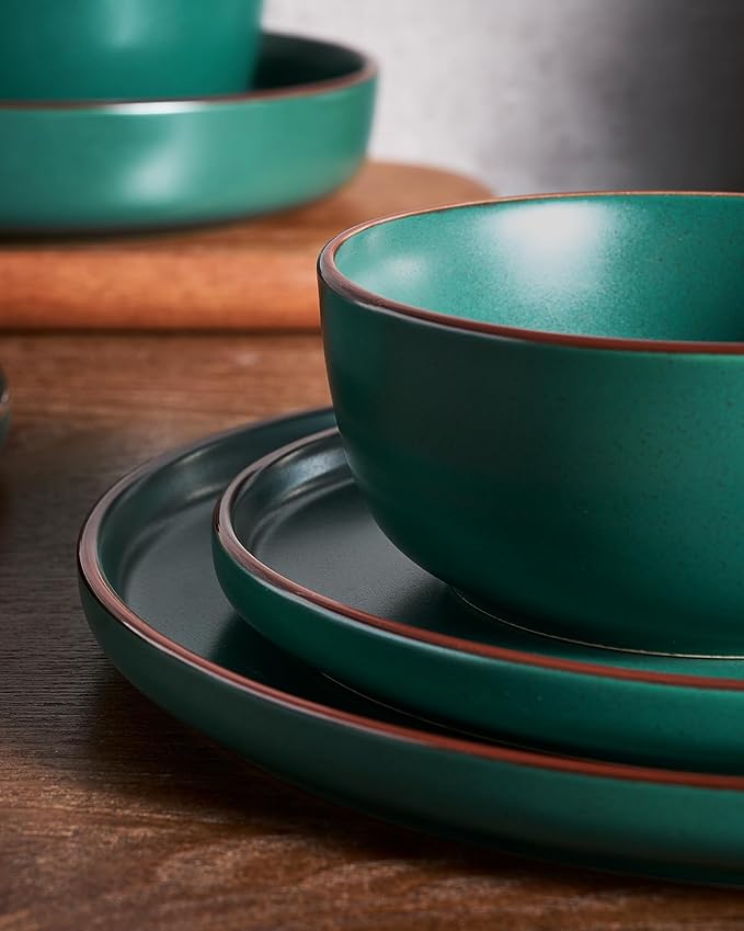 Famiware Mercury Plates and Bowls Sets, 18 Pieces Stoneware Dinnerware Sets, Dishes Set for 6, Microwave and Dishwasher Safe, Dark Green