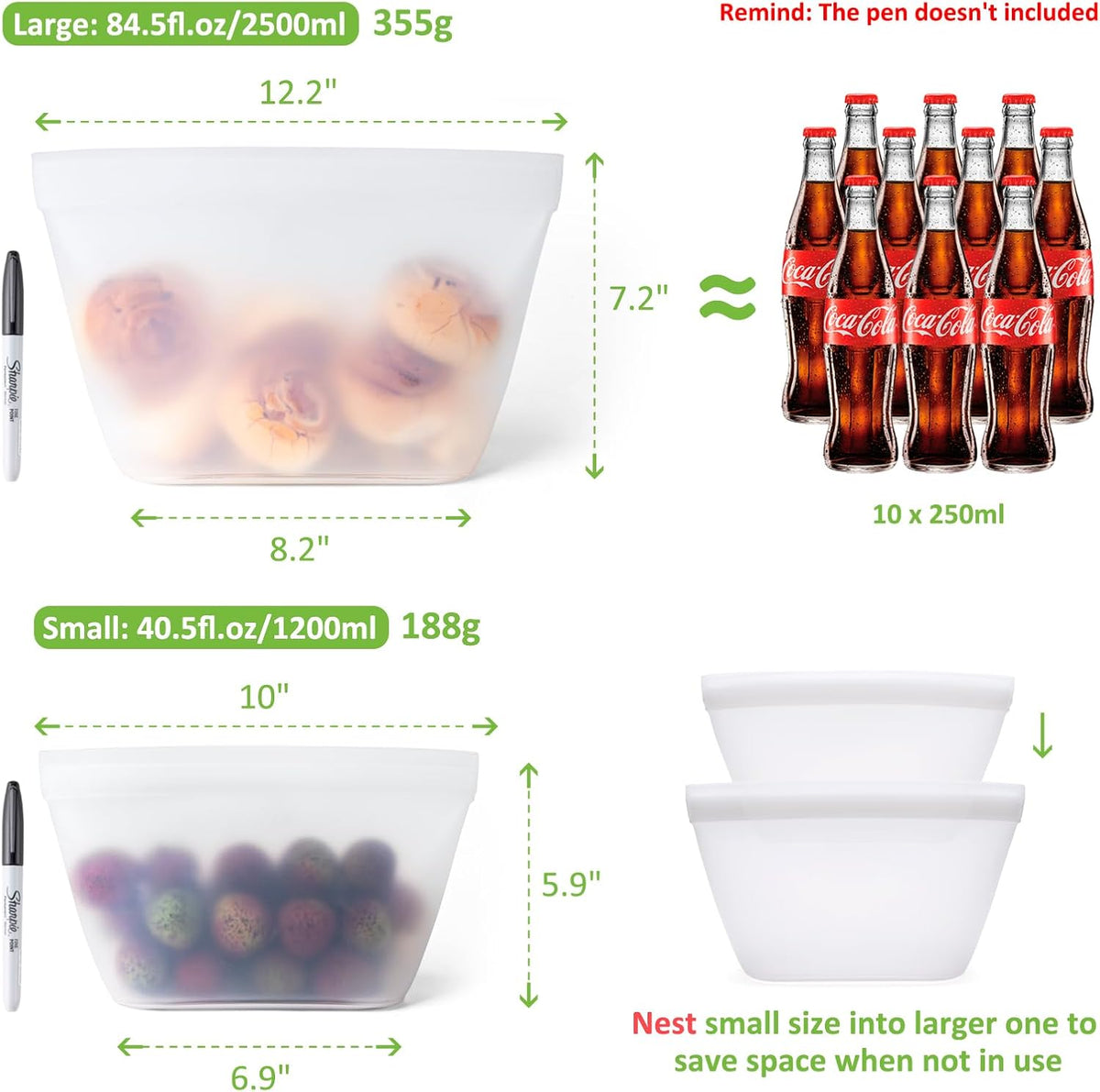 Silicone Bags for Food Storage, Reusable Food Storage Containers Zip Lock Silicone Bags Stand Up Snack Bags, Freezer Microwave Oven Dishwasher Safe,Plastice BPA-Free 4 Pack 2 Size(84oz & 40oz)