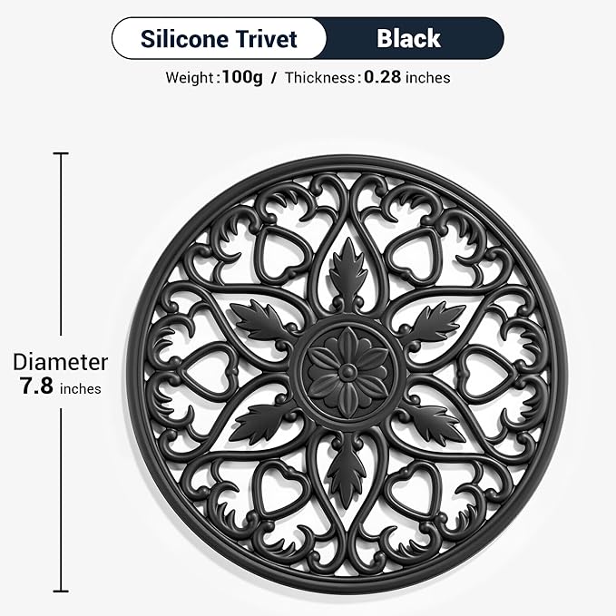 SMARTAKE 6 Set Silicone Trivet Mats, Multi-Use Intricately Carved Coasters, Insulated Non-Slip Durable Kitchen Mats, Flexible Modern Kitchen Table Mat, for Hot Dishes, Pots, Countertop (Black)