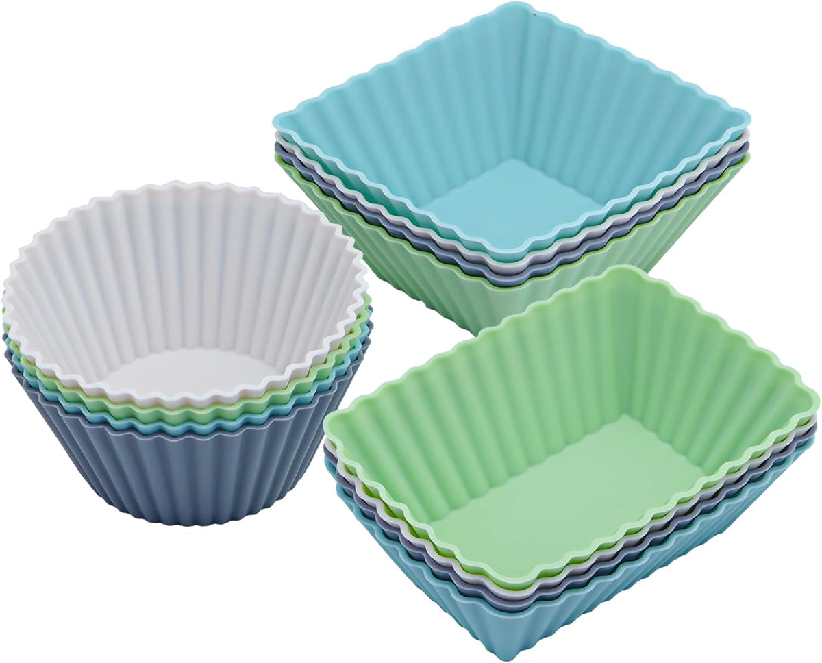 12-Pack Silicone Cupcake Liners, Reusable Muffin Cups – Round, Square & Rectangle Baking Cups, Non-Stick, Easy to Clean, Bento Box Accessories, Lunch Box Dividers for Kids