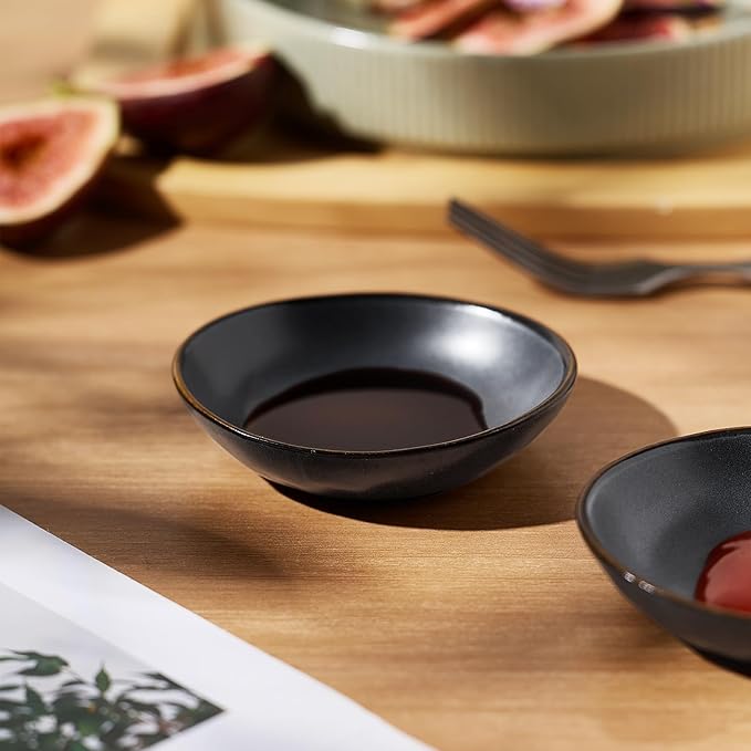 famiware Ocean Soy Sauce Dishes of 6, Oval Dipping Sauce Cups/Bowls for Kitchen, 2.1oz Ceramic Small Bowls for Side Dish, Appetizers, Snacks, and Sushi, Reactive Glaze, Dishwasher Safe, Matte Black