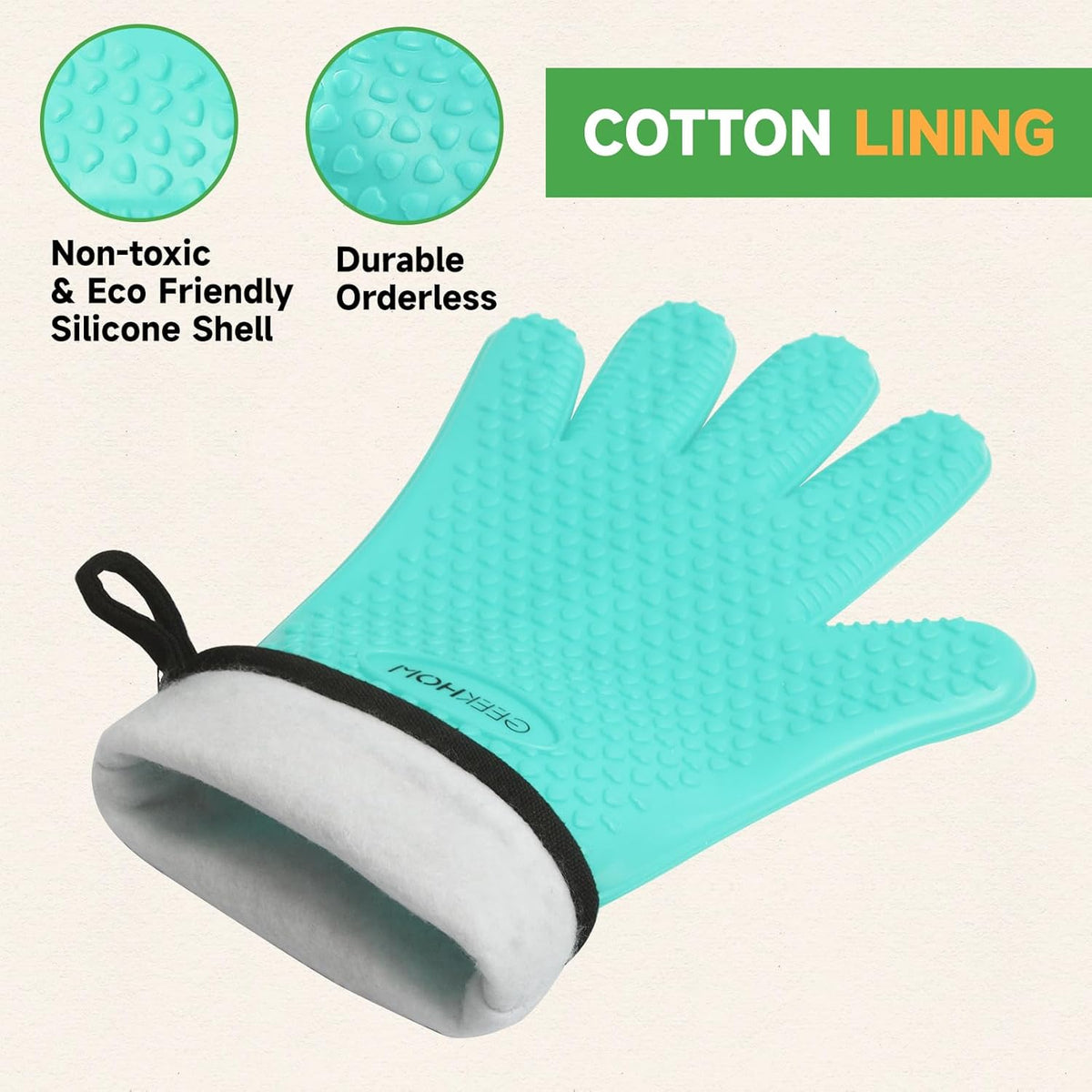 GEEKHOM BBQ Gloves Heat Resistant Oven Mitts - Silicone Grilling Gloves with 13.7" Arm Protection - Waterproof Pot Holder Non-Slip for Men & Women, Kitchen Outdoor Cooking, Baking, Camping, Turquoise