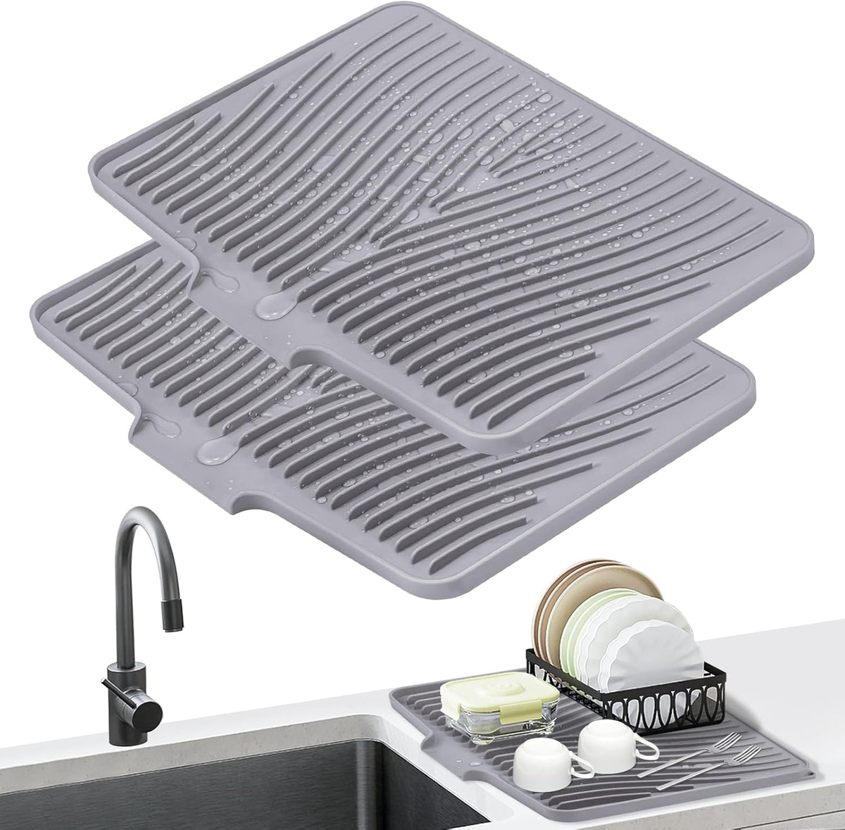 Dish Drying Mat, Stone Drying Mat for Kitchen Counter with Built-in Drain, Non-Slip Drying Matt Kitchen Counter, Heat Resistant Silicone Drying Mat, Dish Drying Pad, 2 Pcs(Grey 19.7" x 17")