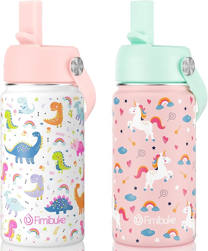 Fimibuke Kids Insulated Water Bottle, 14oz BPA FREE Double Wall Vacuum Tumbler 18/8 Stainless Steel Leak Proof Kids Cups with Straw Metal Bottle for School Boy Girl (2 Pack, UNICORN/WHITE DINOSAUR)