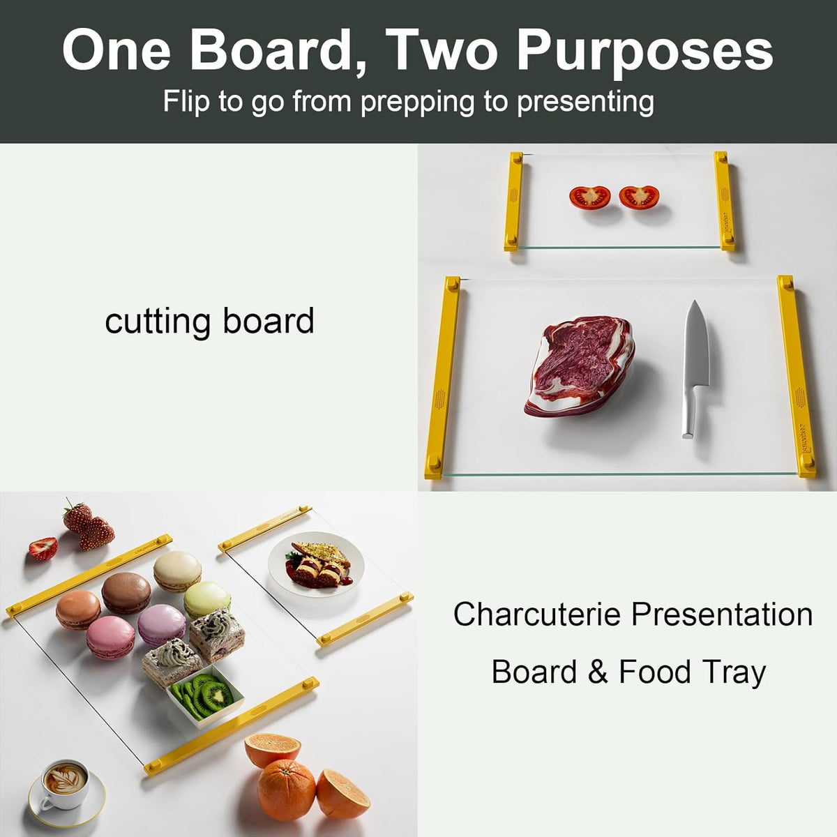 Glass Cutting Board with Silicone Grip, 80% Stronger Shatter Resistance and Slip Resistance,No Scratches/Microplastic-Free,Dishwasher Safe, Non Toxic Cutting Board for Kitchen (Yellow-12*8"&16*12")