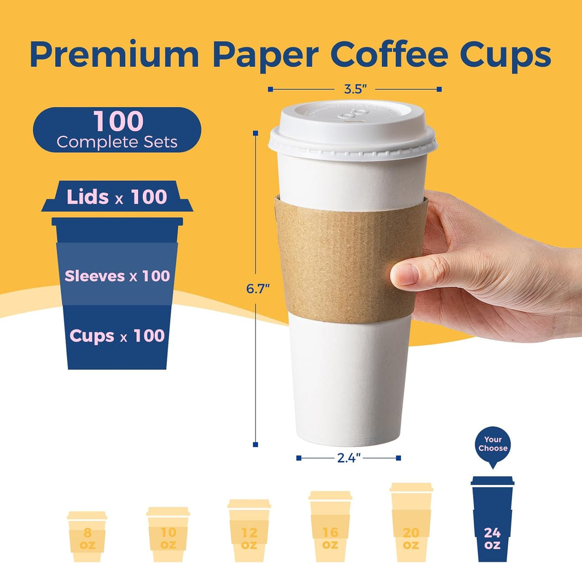Fit Meal Prep 100 Pack 24 oz Disposable Coffee Cups with Lids, Sleeves, Leak-Proof To Go Coffee Cups with Lids, Durable Hot Paper Cups for Home, Office, Party, Business