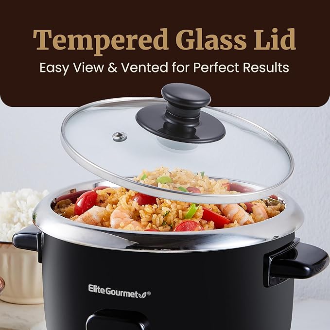 Elite Gourmet ERC006SS 6-Cup Electric Rice Cooker with Stainless Steel Inner Pot, Makes Soups, Stews, Porridges, Grains and Cereals, 6 cup (3 cups uncooked), Black