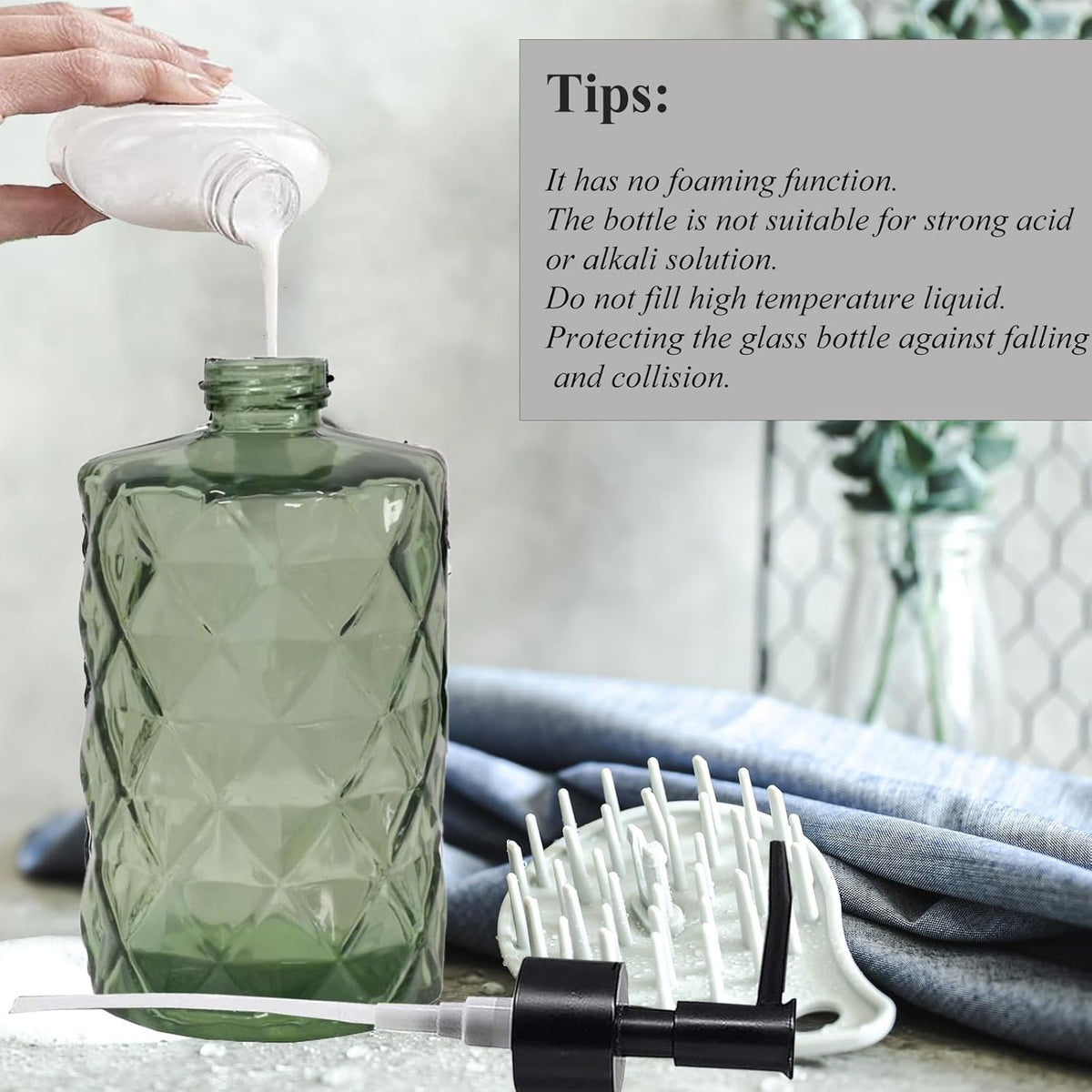12Oz Small Glass Soap Dispenser with Black Plastic Pump, Green Refillable Kitchen Countertop Liquid Hand Soap Dispensers with Diamond Design, Crystal Bathroom Lotion Bottle for Dispense Dish Soap