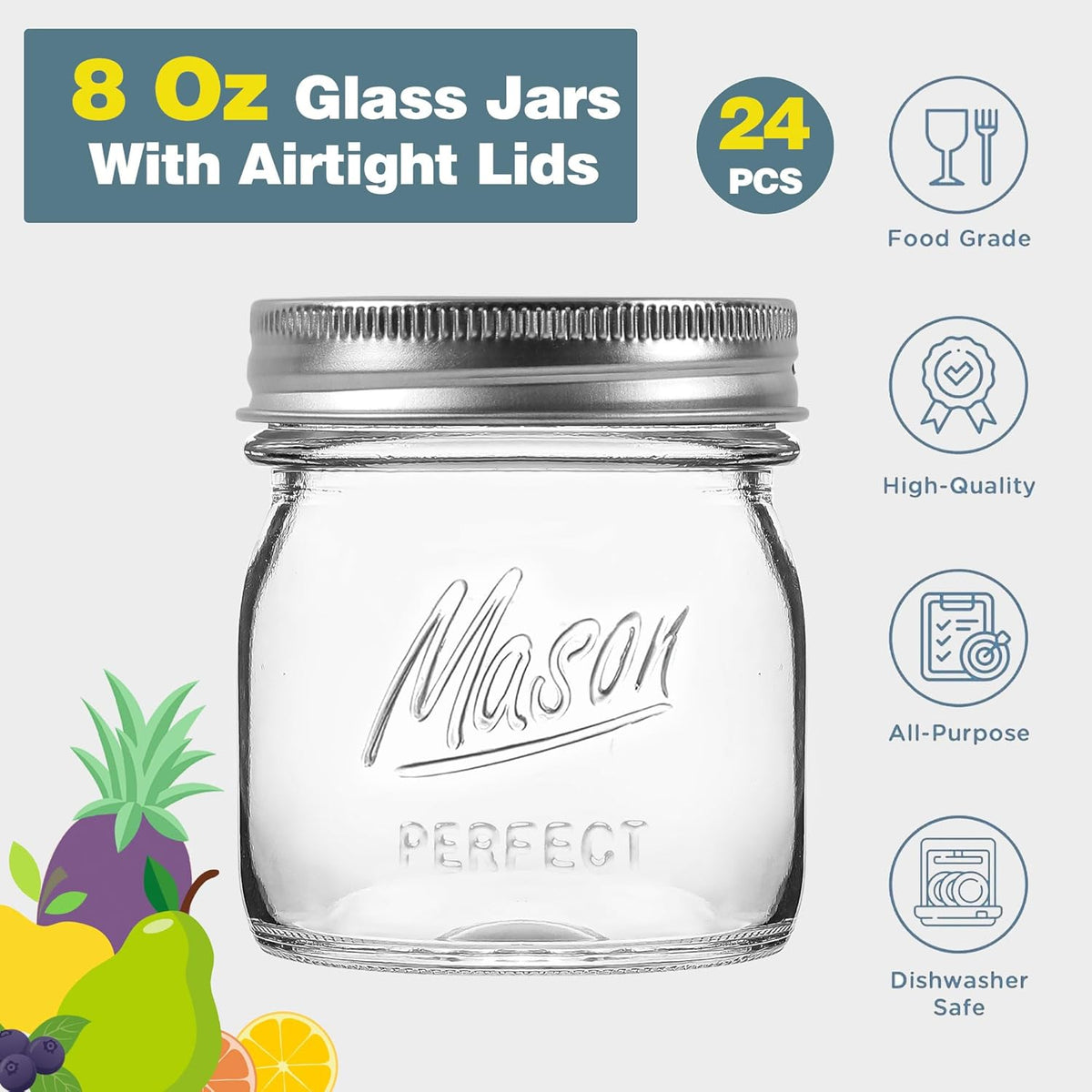 24 Pack 8 oz Mason Jars with Regular Lids - Mini Glass Clear Mason Jars, Small Half Pint Canning Jars with Airtight Lids for Jam, Honey, Baby Foods, Overnight Oats, Party Favors