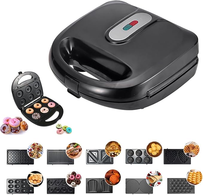 10 in 1 Waffle Maker with Removable Plates, 750W Electric Breakfast Sandwich Maker with Non Stick Coating, Compact Dual Panini Press Grill Machine for Donuts, Madeleine, Burgers, Snacks and Desserts