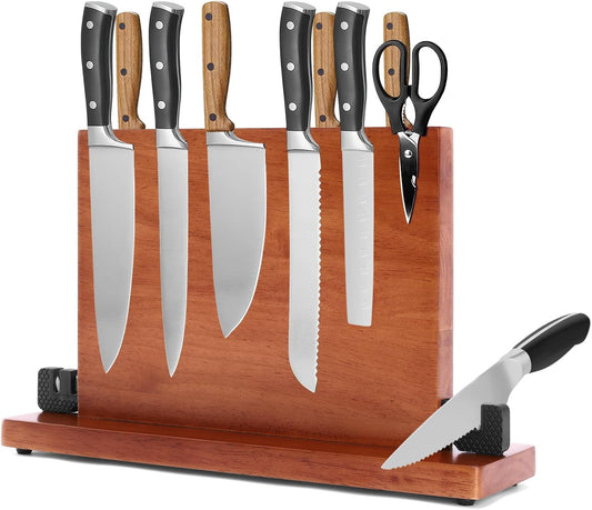 Magnetic Knife Block with Built-in Sharpener, Double-Sided 360° Magnetic Holder & Knife Sharpening Stone, Rubber Wood Countertop Storage Organizer, No Knives Included